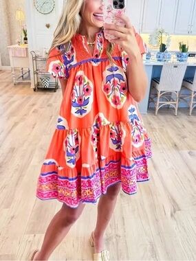 Floral Embroidered Orange Tiered Mini Dress